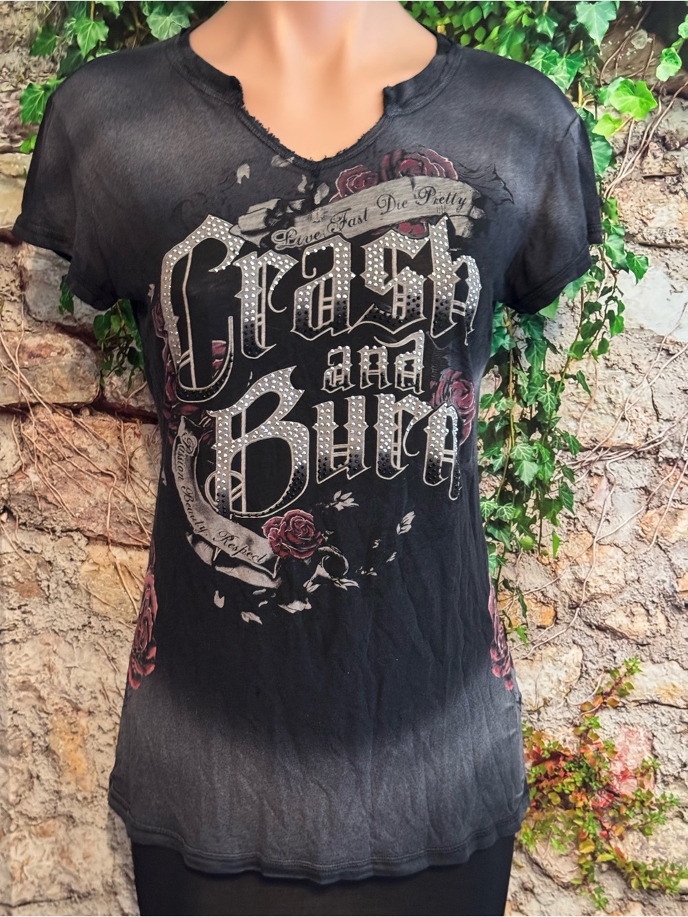 Crash & Burn Distressed Rocker Style Short Sleeve Rhinestone Graphic Rose Tee